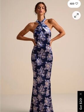 Celestara Navy Floral Velvet Backless Mermaid Maxi Dress
